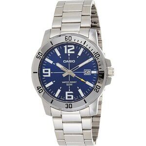 🆕Men's Silver-Tone Stainless Steel Diver Watch Blue Dial Quartz Model